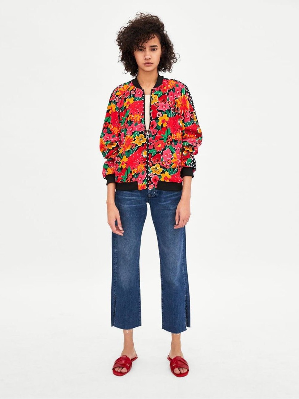 Zara Red Floral Bomber Jacket with Black Trim